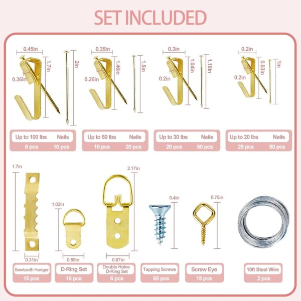 Picture Hangers, Picture Hanging Kit, 225pcs Heavy Duty Frame Hooks Hardware with Nails, Hanging Wire, Screw Eyes, D Ring and Sawtooth for Wall Mounting